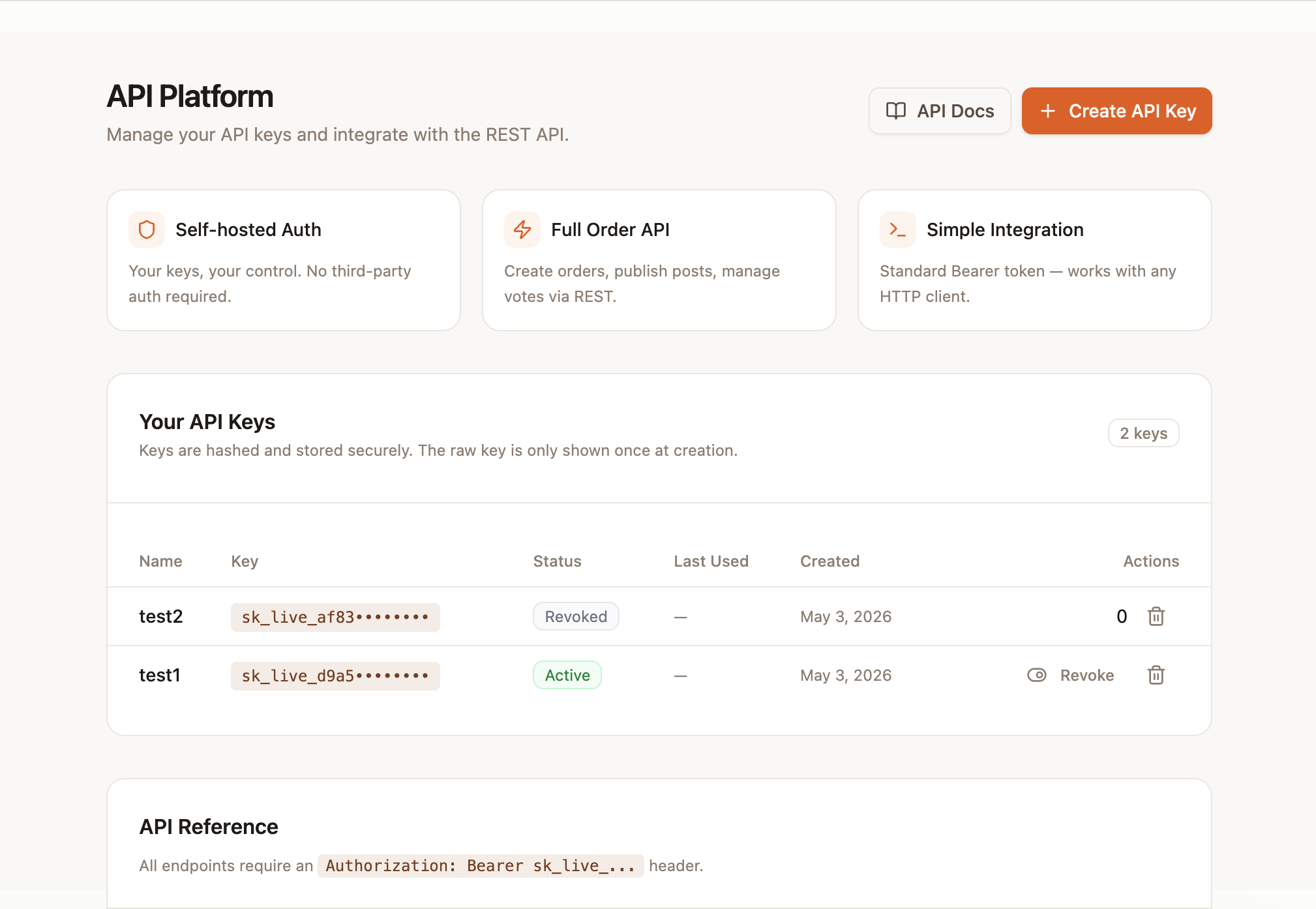 API platform page showing capability cards, an API key table, and the API Reference section