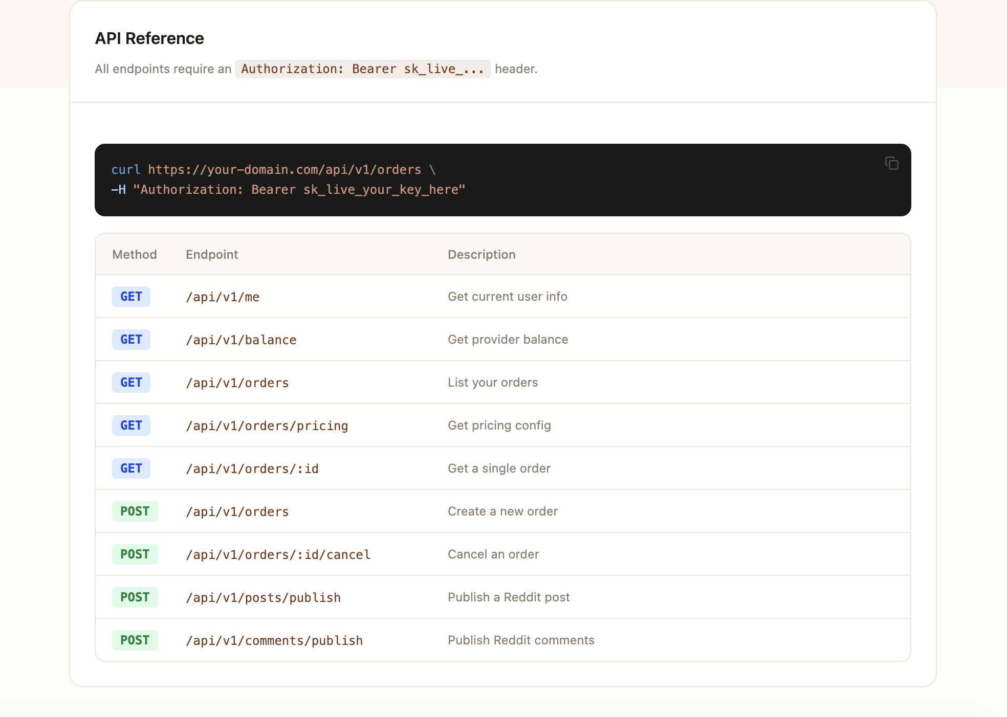 API Reference section showing curl examples and the endpoint table