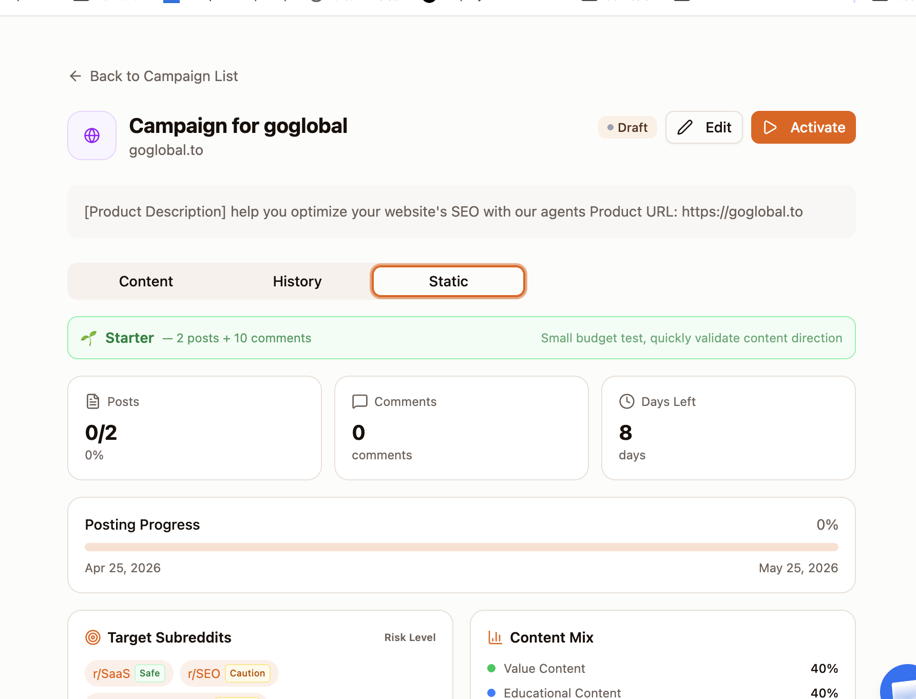 SEO Project Static tab, showing the project's static profile and target information