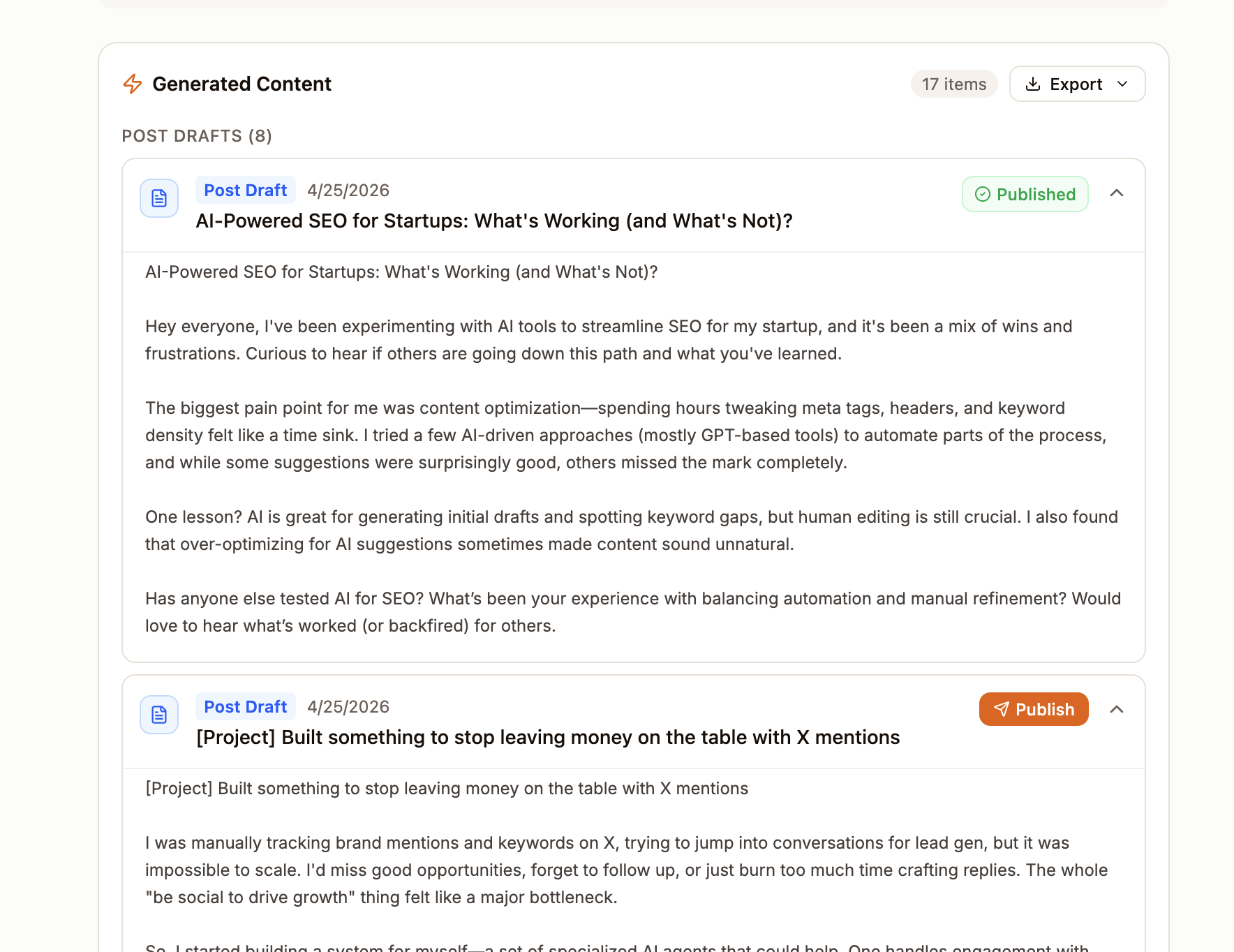 AI-generated content page showing the generated title, body, and optimization suggestions