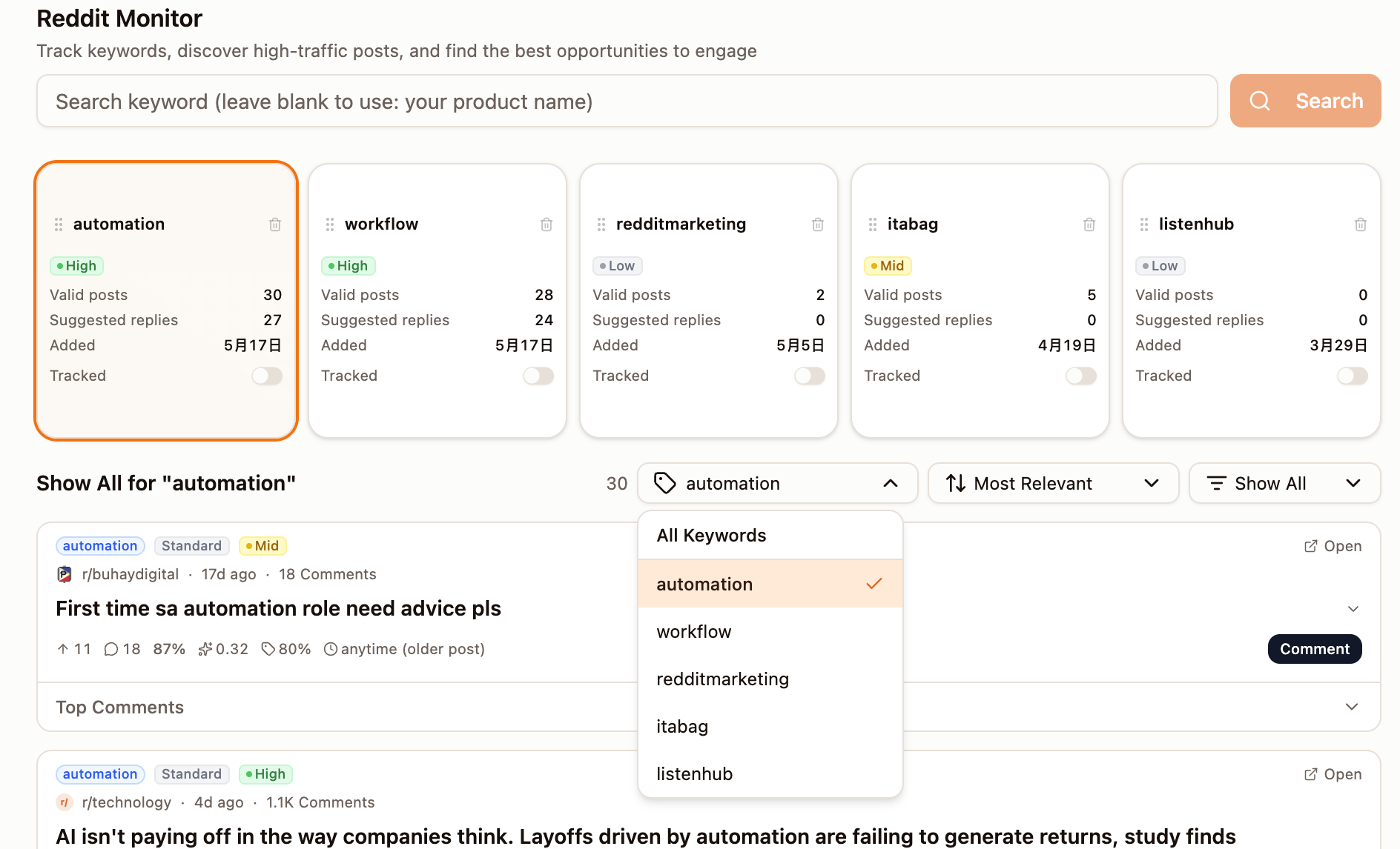 Keyword list filter page showing keyword filters and sorting status