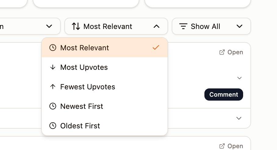 Sort dropdown menu showing relevance and date sort options